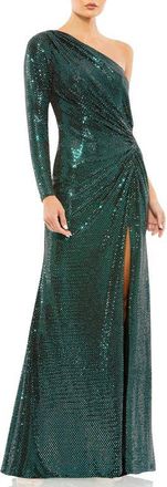 Mac Duggal Sequined One Sleeve Draped Gown in Bottle Green at Nordstrom, Size 16
