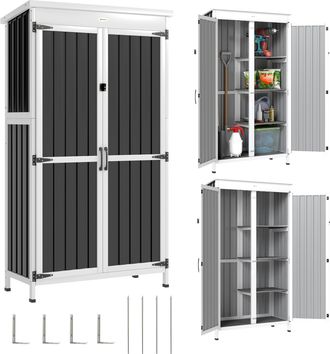 OUTSUNNY Caseta De Jard&iacute;n De Madera Y Acero 94x43x166 Cm, Armario Para Herramientas Con 2 Puertas, Estantes Ajustables Y Techo Impermeable