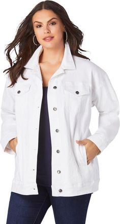 Roaman's Plus Size Boyfriend Stretch Denim Jacket in White at Nordstrom, Size 12