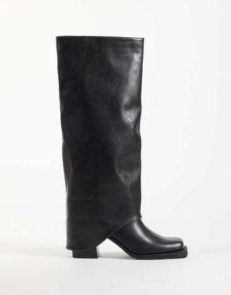 Public Desire stivali al ginocchio Rocky con risvolto e punta squadrata neri-Nero