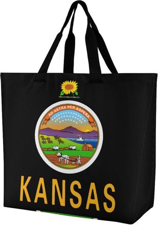 Generic Kansas State Flag Tote Bag Reusable Grocery Shopping Bags Large Travel One Shoulder Handbag for Picnic Work