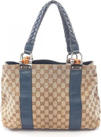 Gucci Beige Blue Canvas Leather Handbag Tote Bag (Pre-Owned)