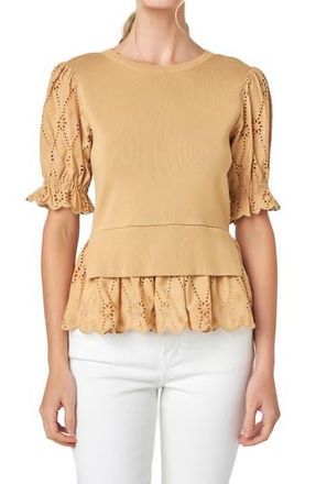 English Factory Mixed Media Eyelet Puff Sleeve Peplum Top in Tan at Nordstrom Rack, Size X-Small