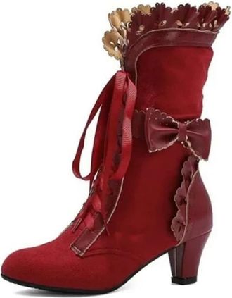Generic Victorian Boots for Women Lace up Round Toe Vintage Gothic Boots High Heels Mid Calf Boot for Wedding Christmas Prom Party Halloween Witch Costume