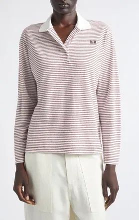 Wales Bonner Trust Stripe Linen & Cotton Jersey Polo in Ivory/wine at Nordstrom, Size X-Small