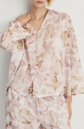 Mango Floral Cotton Pajama Shirt in Light/Pastel Grey at Nordstrom, Size Medium