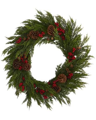 Nearly Natural 32in Cypress with Berries & Pine Cones Artificial Wreath