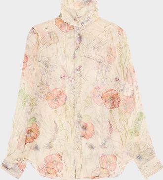 Alexander McQueen Floral-Print Silk Organza Collared Blouse