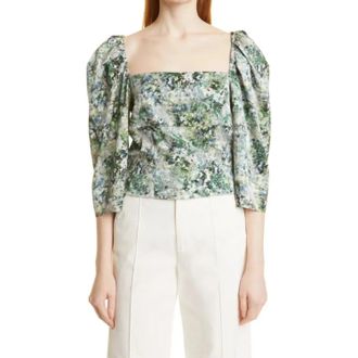 Vince Top Womens Green Painted Floral Puff Sleeve Square Neck Blouse JZZ192