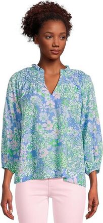Lilly Pulitzer Lourdes 3/4 Sleeve Cotton Womens Clothing Sunwashed Blue Plumes In Bloom : XXS, Cotton/Viscose