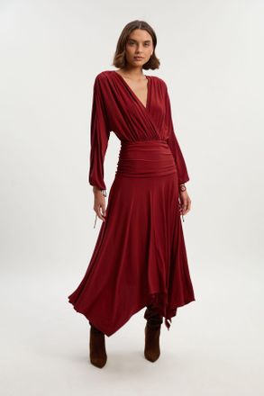 Karen Millen Womens Stretch Drapey Crepe Ruched Plunge Neck Batwing Sleeve Maxi Dress - Rust - Size X-Small