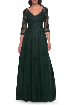 La Femme Tulle and Lace A-Line Dress with V Neckline in Dark Emerald at Nordstrom, Size 10