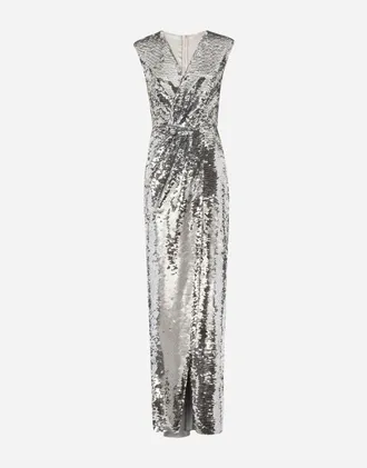 Dolce & Gabbana Long Sequined Dress With Draping - Woman Dresses Silver 44