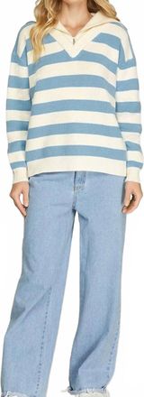 She + Sky Stripe Collared Sweater In Blue/ivory