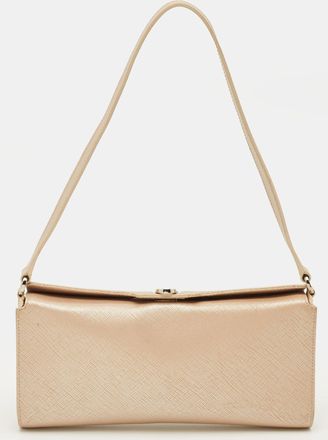 Ferragamo Gancini Metallic Pink Saffiano Leather Clutch Bag
