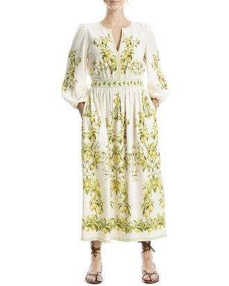 Max Studio Puff Sleeve V-Neck Linen-Blend Maxi Dress