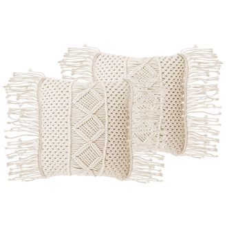 Beliani Conjunto De Cojines Decorativos De Algod&oacute;n Macram&eacute; Beige 40 X 45 Cm Con Borlas Cuerda Decoraci&oacute;n Boho Retro Yortan