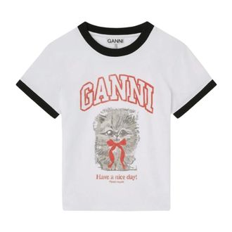 Ganni T-Shirts, female, White, Size: M Cropped Kitty T-shirt