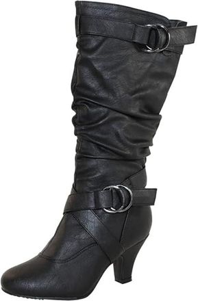 Top Moda TOP Moda Womens Page-65 Knee High Round Toe Lace-Up Slouched High Heel Boots, Black Pu, 5 UK