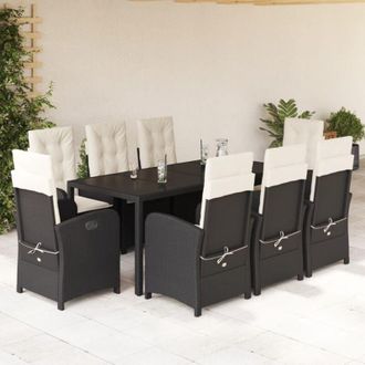 vidaXL Set De Comedor De Jard&iacute;n 9 Pzas Y Cojines Rat&aacute;n Sint&eacute;tico Negro Vidaxl