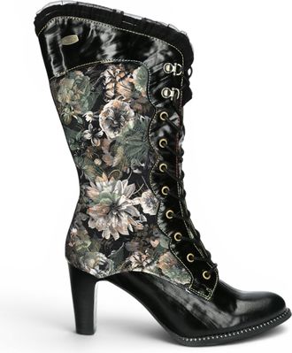 Laura Vita Laura Vita Floral Goth Victoriaanse Zwarte Leren Hoge Laarzen met Hoge Hakken - Alcbane-351