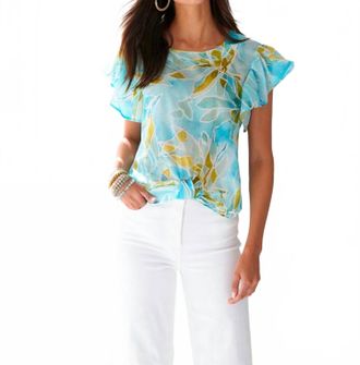 Finley Knot Seaweed Print Blouse In Blue And Green