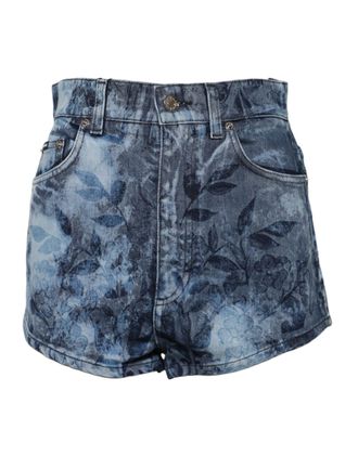 Dolce & Gabbana Womens Blue Floral Print Denim Cotton Hot Pants Shorts Black Elastane