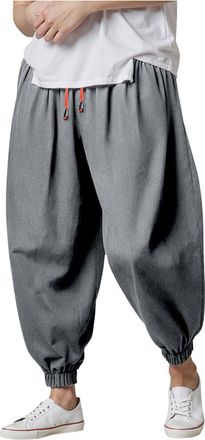 Generic Mens Cotton Trousers Baggy Casual Harem Pants Wide Leg Pants Mens Baggy Cotton Linen Harem Elastic Waist Cuff Wide Leg Loose Fit Yoga Comfort Pajama L