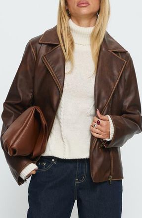 Princess Polly Vyolette Faux Leather Jacket in Washed Brown at Nordstrom, Size 12