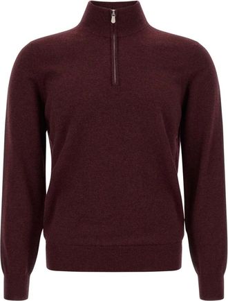 Brunello Cucinelli Kasjmier trui met halve rits - Heren - Cashmere truien - Rood - M - Kasjmier - Truien & Vesten