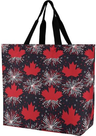 Generic Fireworks Canada Flag Tote Bag Reusable Grocery Shopping Bags Large Travel One Shoulder Handbag for Picnic Work