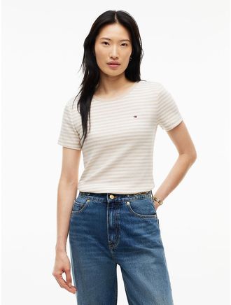 Tommy Hilfiger Womens Slim Fit Striped Favorite T-Shirt - Beige Heather Multi - XL