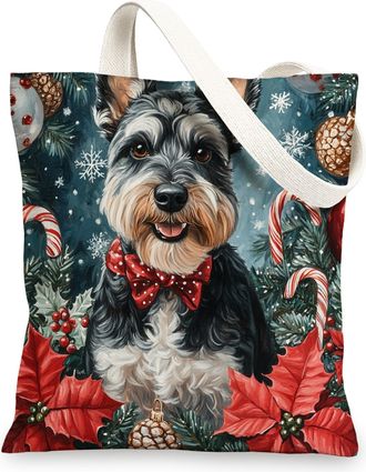 Generic Christmas Schnauzer Dog Canvas Tote Bag for Shopping 13x15, Xmas Candy Poinsettia Puppy Reusable Grocery Print Bag for Women, Holiday Pet Beach Aesthe