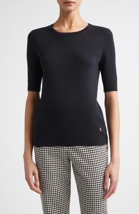 St. John Marlie Short Sleeve Silk & Cotton Sweater in Black at Nordstrom, Size X-Small