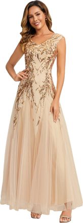 Ever-pretty Womens Sequin Evening Gown with Sleeveless V-Neck Tulle Dress for Formal Wedding Guest Party Dresses Gold 16