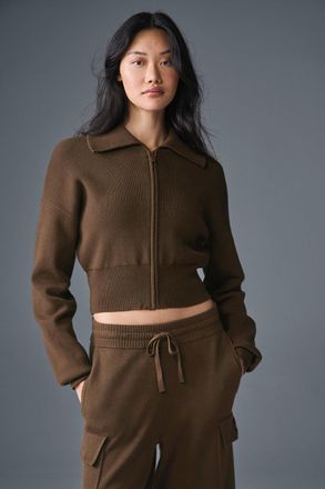 Alo | Scholar Knit Cropped Full Zip Jacket in Espresso Brown, Size: Large