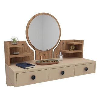 Dmora Toiletta Canistro, Mueble De Tocador Con Espejo Incluido, 3 Cajones, Estructura Beige, 90x37x75h Cm Roble Marr&oacute;n Nodo