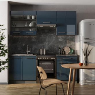 Vicco Mueble De Cocina Fame-line, Azul Oscuro Alto Brillo/antracita, 200 Cm Sin Encimera