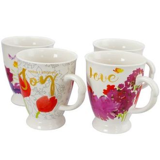 Gibson Home Bold Floral 17.4 oz Cup Set, Set of 4 Assorted Designs in White at Nordstrom