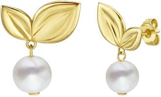 Tresorra 14K Yellow Gold Cherry Leaf & Pearl Drop Stud Earrings