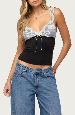 Edikted Troya Lace Trim Camisole in Black-And-White at Nordstrom, Size X-Small