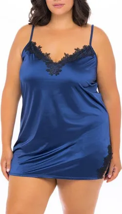 Oh l&agrave; l&agrave; Ch&eacute;ri Karla Lace Trim Satin Chemise in Estate Blue/black at Nordstrom, Size 1X/2X