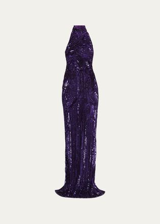 Pamella Roland Wave Beaded Halter Column Gown