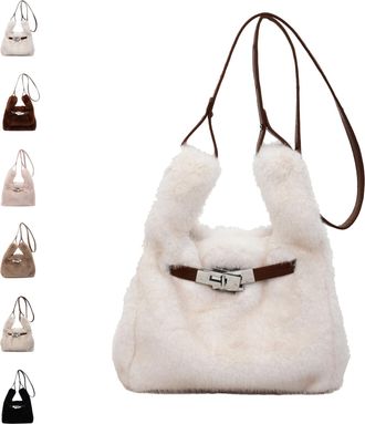 Generic Mini Furry Purse,Mini Fluffy Tote Bag,Designer Fuzzy Crossbody Handbag,Faux Fur Purses for Women Plush Bags,Slouchy Shoulder Bag (White)