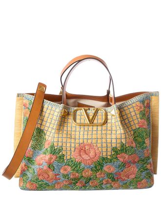 Valentino Vlogo Signature Raffia & Leather Tote