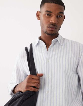 Selected Camicia a maniche lunghe in misto lino blu a righe