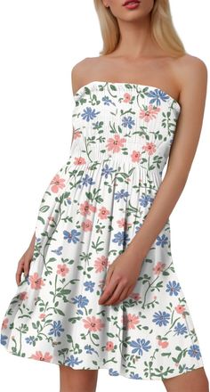 Generic Womens Bandeau Sheering Short Dress Beach Dresses Plus Size Strapless Sundress Floral Print Bandeau Sheering Sleeveless Mini Dress Boob Tube Pleated S