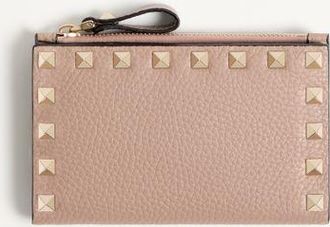 Valentino Garavani Portacarte Con Zip Rockstud In Vitello Granato Donna POUDRE UNI