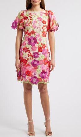 Eliza J Floral Embroidered Puff Sleeve Cocktail Dress in Pink at Nordstrom Rack, Size 16