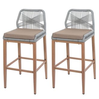 Hhg Hhg - Nunca Usado] Juego De 2 Taburetes De Bar De Cuerda 982, Asiento De Exterior De Cuerda De Metal Imitaci&oacute;n Madera, Gris Claro, Coj&iacute;n Topo